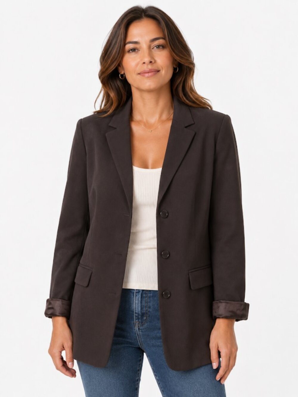Calvin Klein Womens Blazer Brown Black 3 Button Satin Cuff Jacket Career